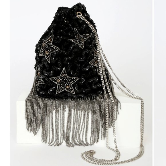 Lulus Super Stellar Black Velvet Beaded Sequin Bucket Bag - Picture 1 of 2